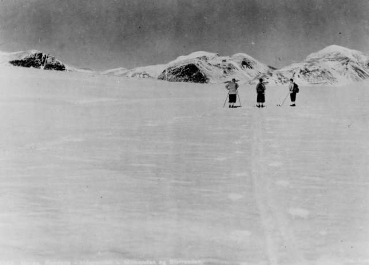 Avfotografert postkort. Tre skiløpere på tur i Rondane. I bakgrunnen sees Høgronden, Midtronden og Storronden.