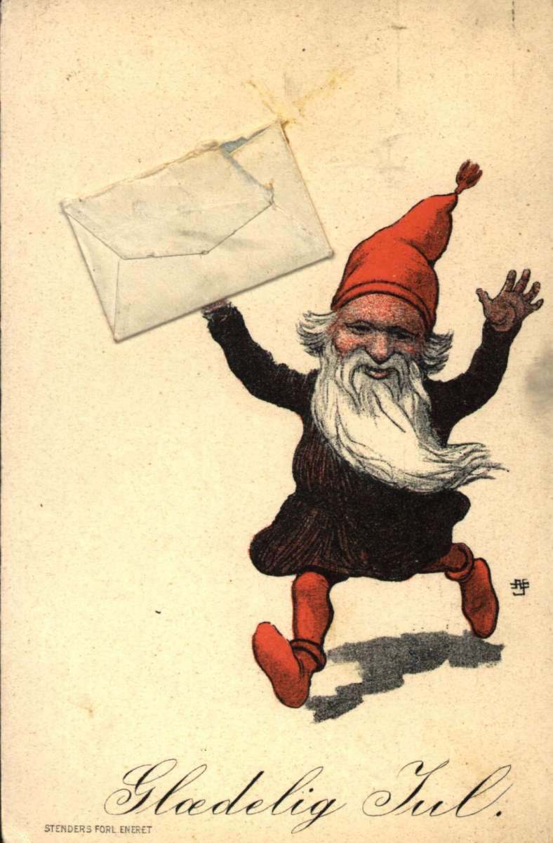 Julekort. Julenisse med konvolutt med en julehilsen i hånden. Stemplet 23.12.1903.
