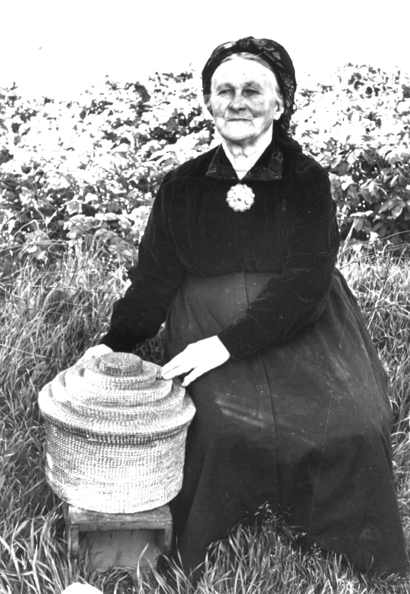 Dølemo Åmli, Aust-Agder 1940. Fru Sigrid Dølemo sitter ved siden av en kurv til å ha silketørklær og sølv i.