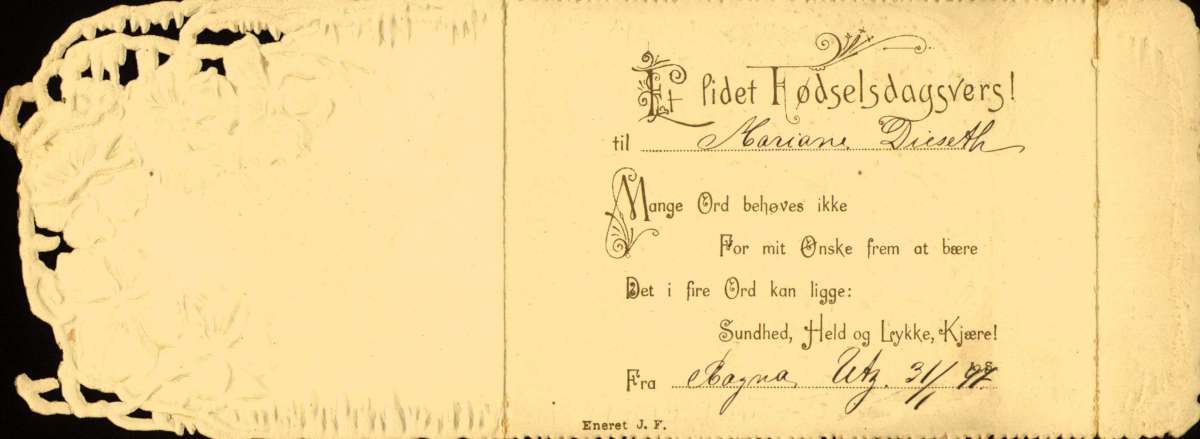 Postkort, Bursdagshilsen. Blomsterkrans med fioler. Datert 31.01.1897.