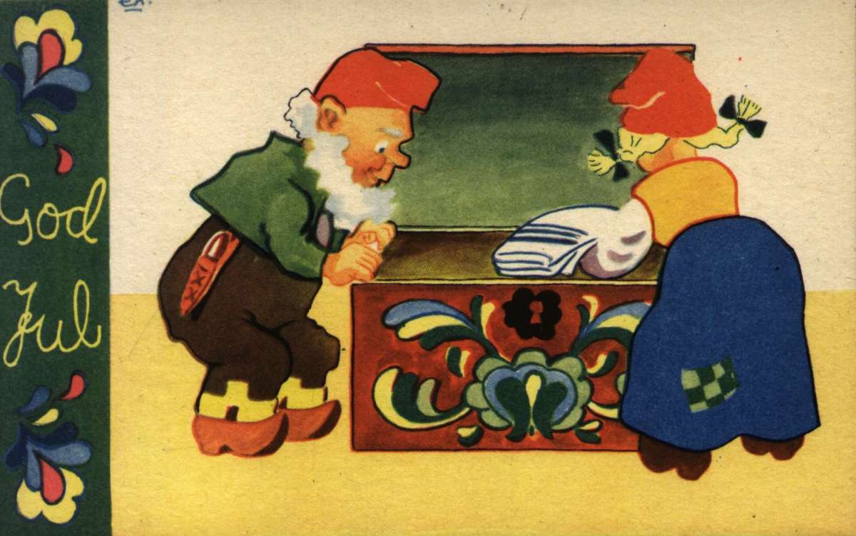Julekort. Ubrukt. Nissefar og nissemor kikker ned i en rosemalt kiste. Illustrert av Erik von Krogh.