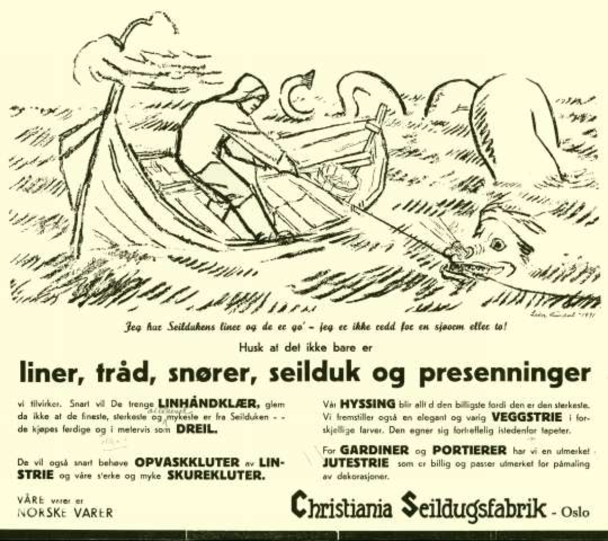 Christiania Seildugsfabrik, Oslo. Tegninger til reklamemateriell. Fisking av sjøorm.