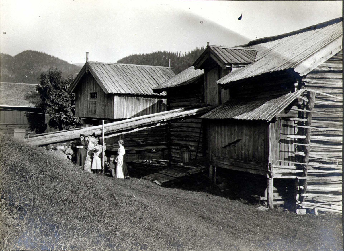 Grådstun, Haugsvold,  Svartdal, Seljord, Telemark. Fotografert 1913. Gruppe mennesker stående ved låvebru.