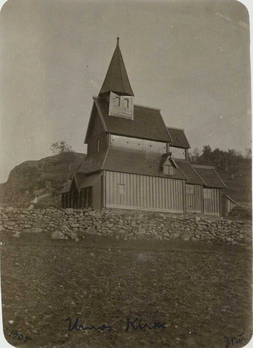 Urnes stavkirke, Luster, Sogn og Fjordane. Postkortformat. Fotografert 1907. 