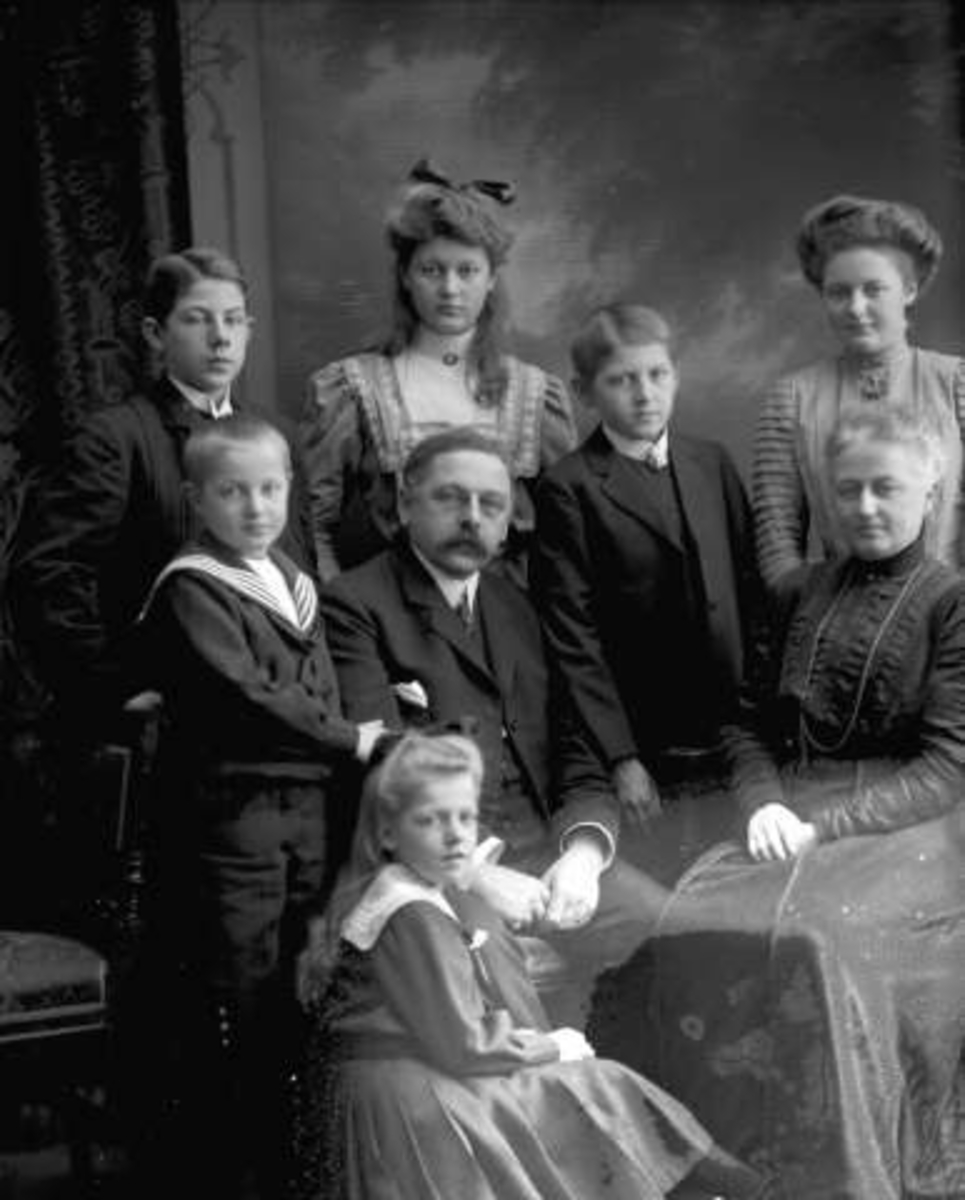 Gruppeportrett, familien til grosserer Meidell. Eldre ektepar og seks barn i ulik alder.