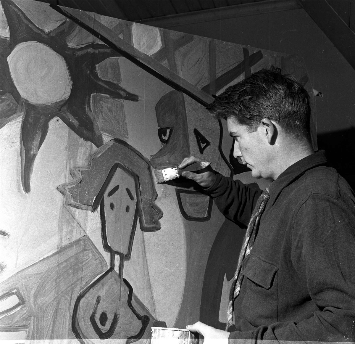 Student maler kulisser. August 1950. Studentrevy, forberedelser.