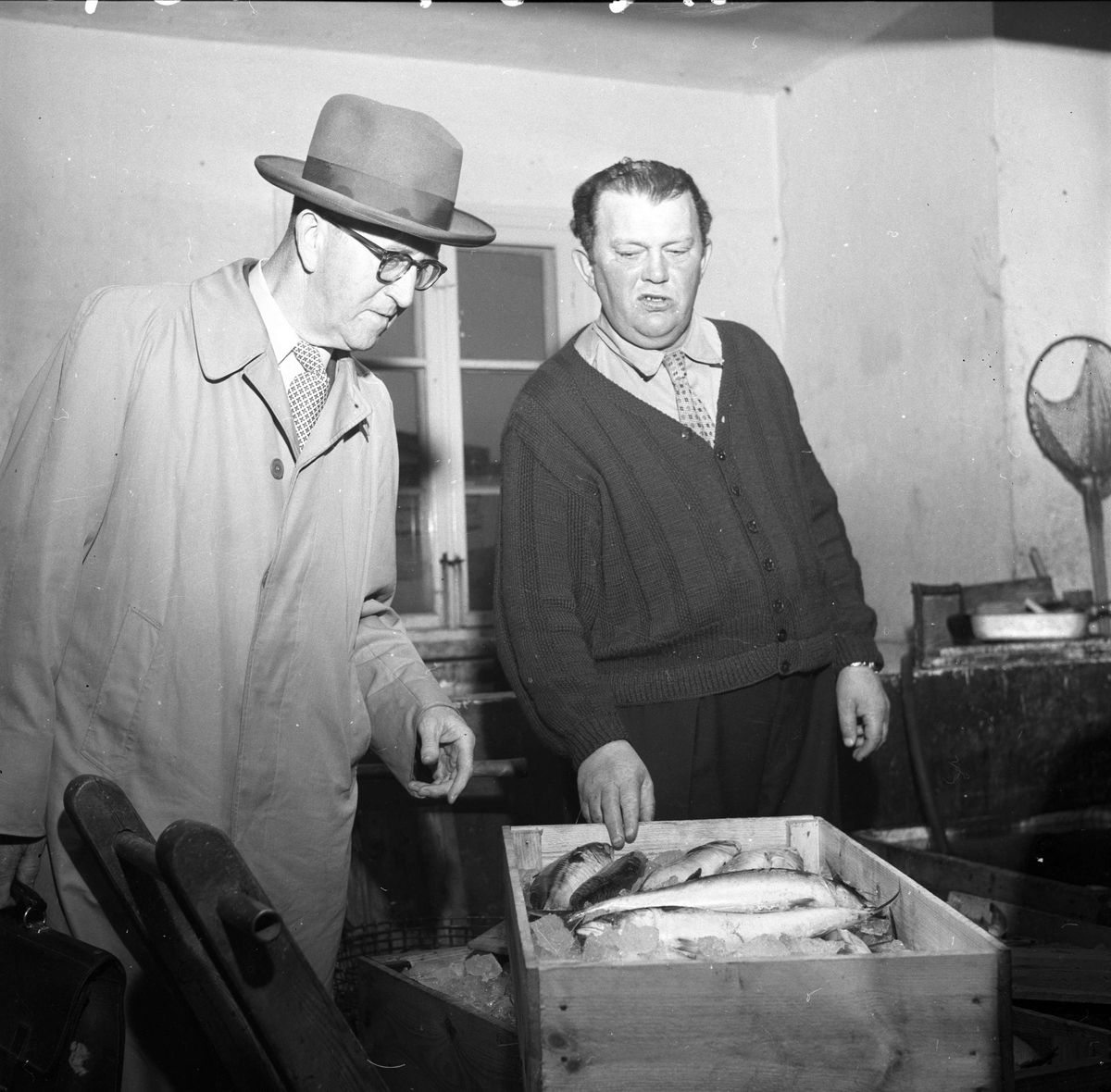 Arendal, 23.05.1958. Menn rundt fiskekasse, antakelig hos fiskehandler.