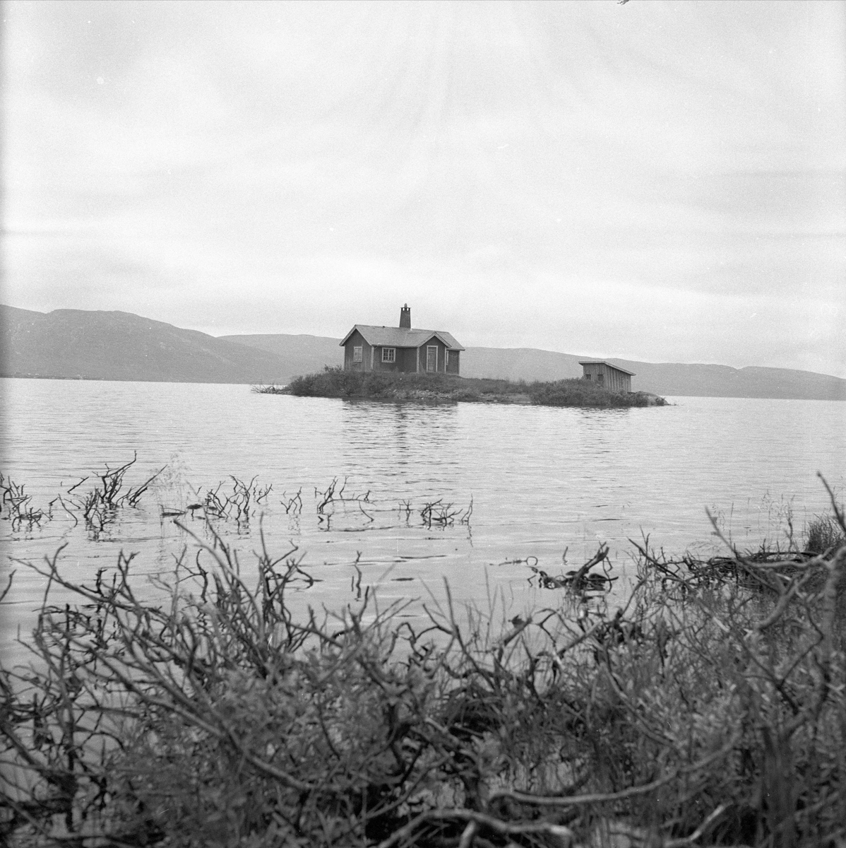 Li øya, Vinstervatn i Øystre Slidre kommune, august 1957. Hytte på øy.