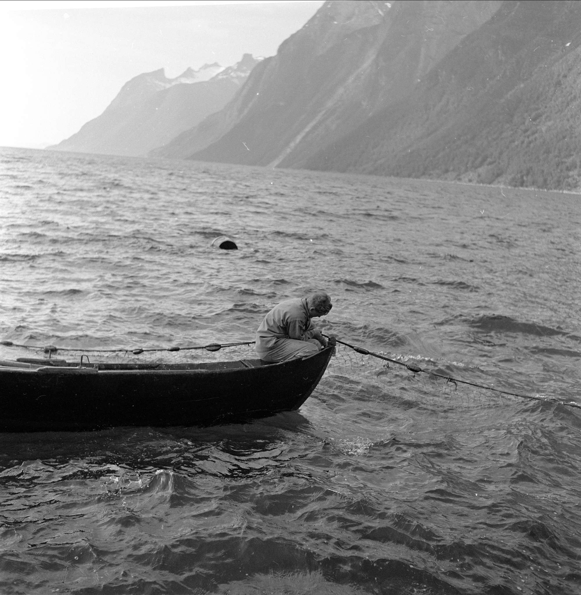 Laksefiske hos Johan Leknes i Hjørundfjorden, Møre og Romsdal, 12.07.1958. Fiske med garn.