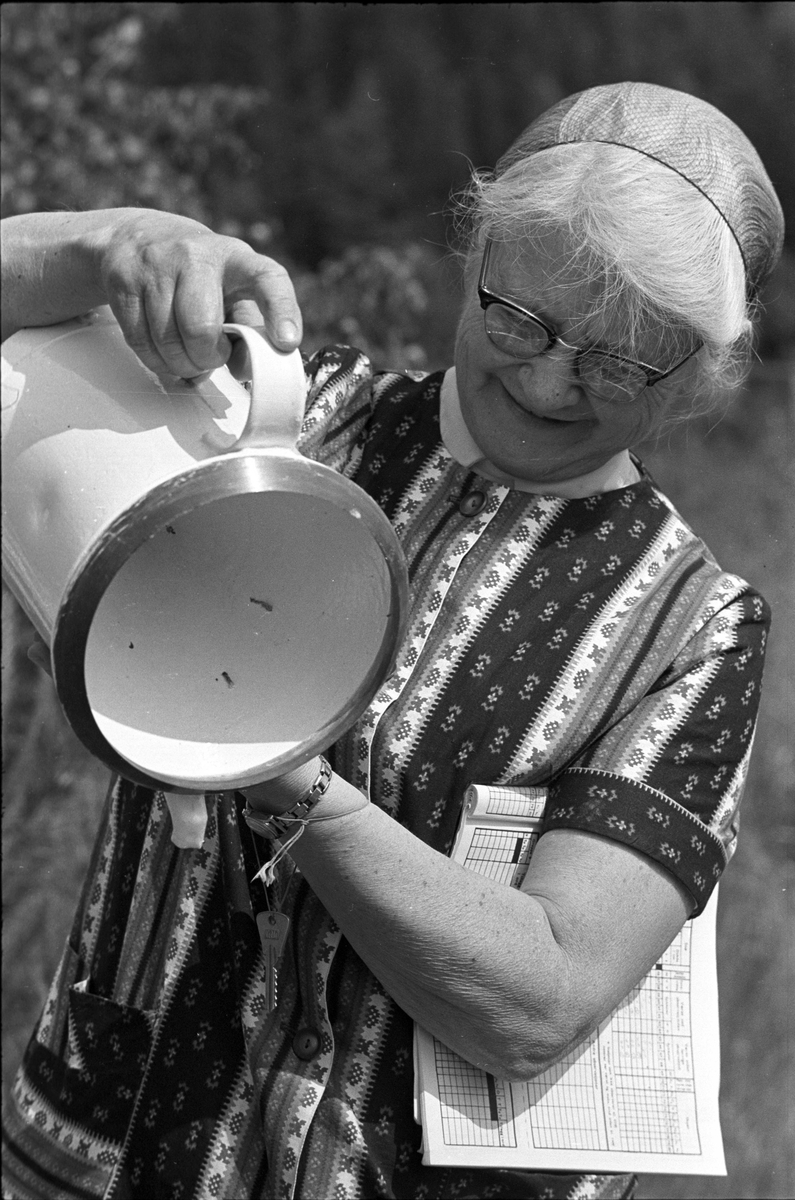 Buskerud, Hallingdal, Nesbyen, 1970, varmerekord, kvinne ved værstasjon, registrering av nedbør.