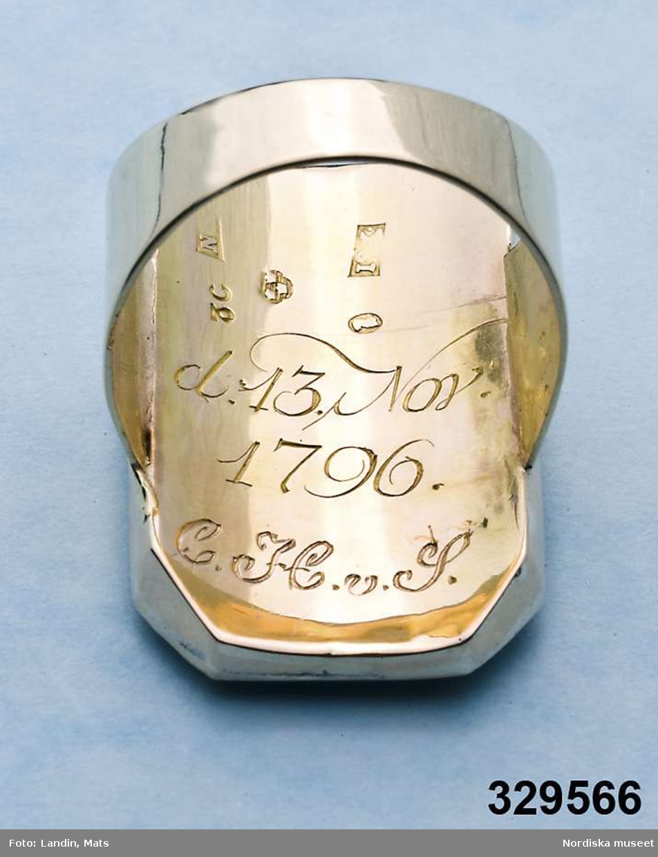  Ring av guld med miniatyrporträtt föreställande Märtha Helena Reenstierna. Målat 1796 på ben i gouacheteknik av Jacob Henric Rönngren (1756-1822) på beställning av M.H.R. även kallad "Årstafrun". Ringen avsedd som gåva till hennnes make ryttmästaren Christian Henric von Schnell på hans namnsdag den 13 november 1796. Graverat C.H.v.S. d. 13 Nov. 1796. 
Monteringen med 18K guld utförd av juveleraren Nils Hofsten. Stämplar: O2 (1796), S:t Erik, NH, 18K,  Kontrollmärke) Sannolikt omarbetad montering 1814.
Porträttet avbildar Märtha Helena Reenstierna i bröstbild sittandes i halvprofil iklädd blå klänning med liten rosenbukett i barmen. Hennes hår är friserat i täta små lockar, håret når nedaför nacken och hon har en smal rosengirlang runt håret. Ögonen bruna. Svagt rosa kinder. Bakgrunden mörk.

Jacob Henric Rönngren var kapten-mecanicus i arméns flotta. Han var född i Finland 1756 men slutade sina dagar i Stockholm 1822. Något dussin av hans miniatyrporträtt är kända - de flesta i Finland och vanligen knutna till officerskåren. Ett porträtt tillhör Finlands Nationalmuseum. I Nationalmuseum, Stockholm, finns sju miniatyrporträtt bl a av gmj Corfitz Beck-Friis (1724-1798), öljt David von Schewen (1770-1841) samt dåv kh i Finska församlingen, Bengt Lange.   

Nils Hofsten blev mästare som juvelerare i Stockholm 1788. Hans ritning till mästerstycke finns på Nationalmuseum. Hofsten stämplade 1795 -1805. Död 1814.
Ingrid Roos 2011-01-17
