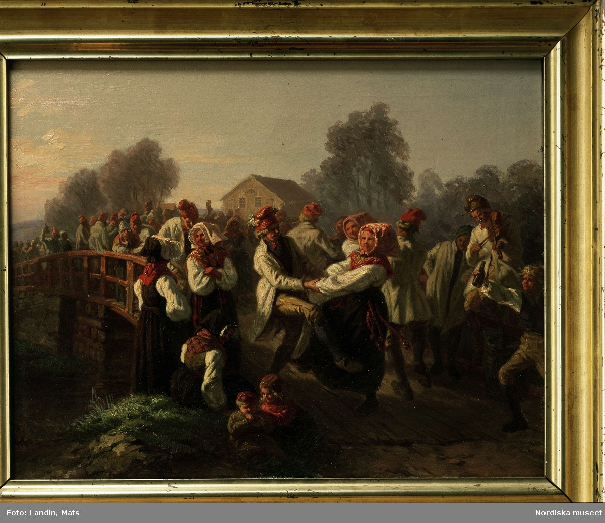 "Friaredans från Floda". Folklivsbild, dans vid landsvägen. Oljemålning av JW Wallander, 1858.  Nordiska museets föremål 57144. 
