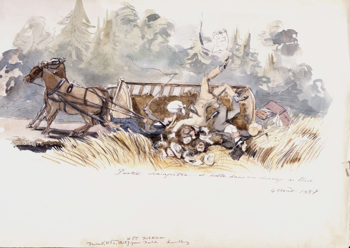 "Partie champêtre et halte dans un champ de de blé. 4 août 1857".  Ett hölass som välter. Akvarell av Fritz von Dardel.