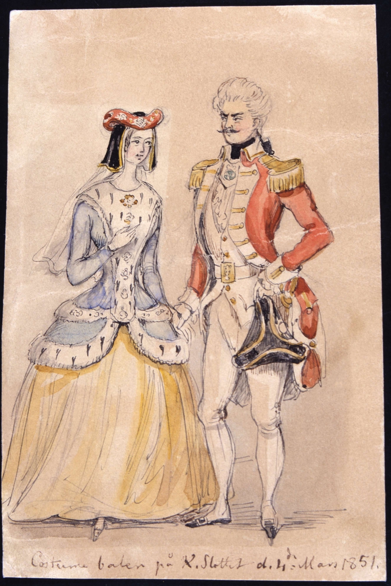 "Costumebal på kungliga slottet d. 4 mars 1851". Par i 1700-talsdräkt. Akvarell av Fritz von Dardel.