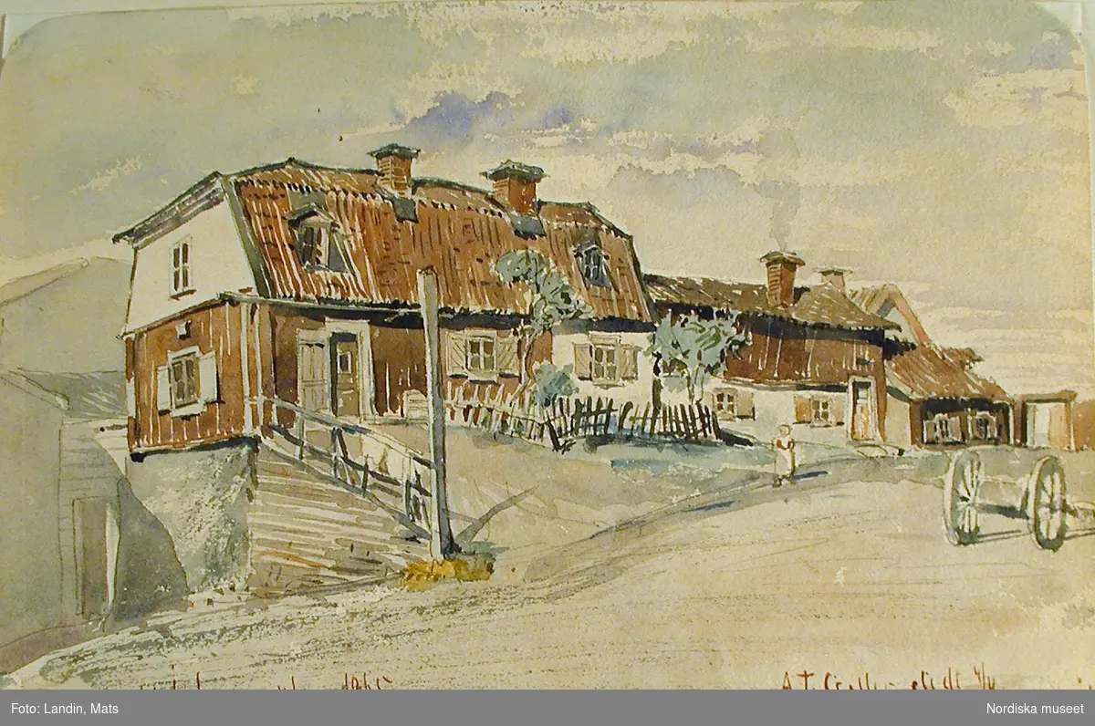 Akvarell av A T Gellerstedt. Sommarbild med boningshus och en liten staketomgärdad täppa. Johannes plan, Stockholm 1865. Jämför NMA. 0052394.