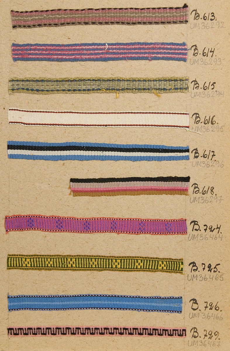 Vävprov av mönstrat band i lila, rött, svart och vitt. Bandet är av konstfiber eller merceriserad bomull och det har nummer B.724.