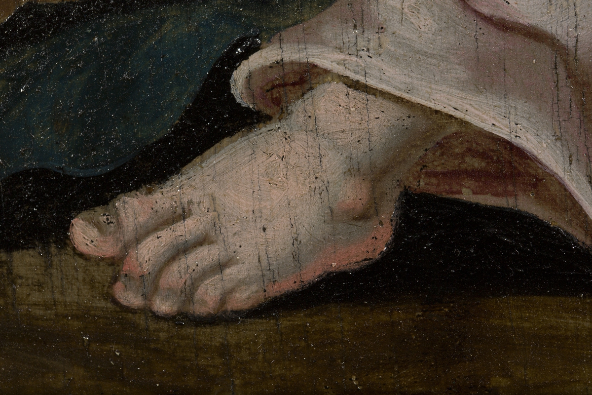 Fra katalogkort:
"Bildet ved innkomsten delvis dekket av sort maling. Behandlet i 1923 av malerikonservator G. Gotaas. Baksiden av platen har vært benyttet som hakkefjel. Rammen delvis fornyet og nå også oppmalt med sort limfarge. Bildet har opprinnelig vært innpasset i større dekorativ ramme. Ukj. opprinnelse og maler, likeså familie, må stamme fra tiden omkring 1650. Adam van Breen sies å ha oppholdt seg i Christiania 1629-42. (Østby: Norsk portretter). 
Sml. epitafium av viseadmiral Jørgen Bjørnsen m.fam. i Holmen k.
Sml. epitafium av Ole Torgersen, prest til Bjørnå, ca. 1637-79, med hustru og 8 barn; særlig pikene har stor likhet. (Roan k.).
Jfr. Grevenor: Norsk malerkunst, s. 175: Adam van Breen?
NF Årsberetning 1923-24."