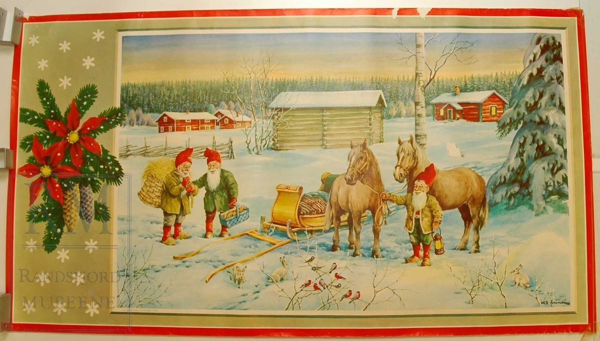 Nisser, hest, gård, julestjerne, vinterlandskap