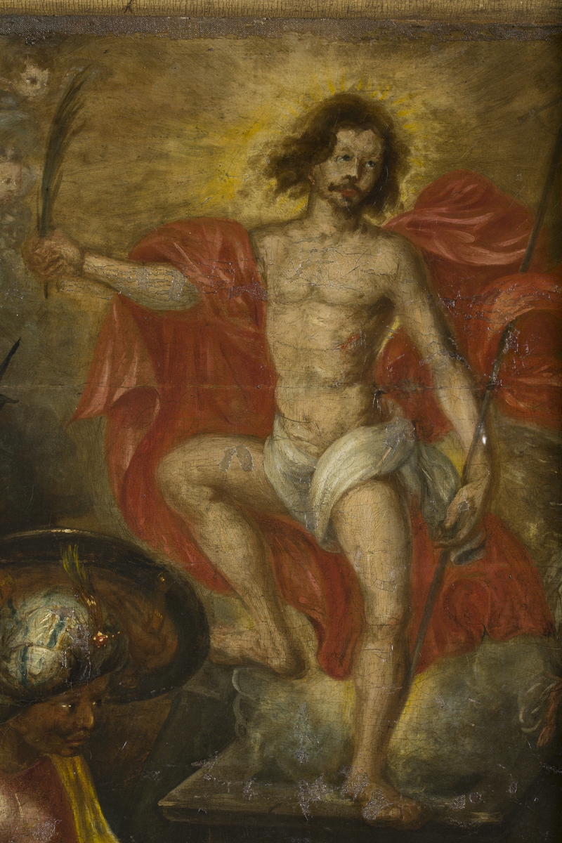 Todelt motiv. Familiportrett i nedre felt. Oppstandelsen i øvre felt.