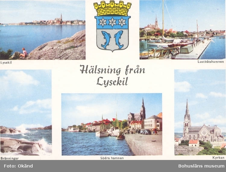 Tryckt text på kortet: "Hälsning från Lysekil".
Text under bilderna: "Lysekil, Lustbåtshamnen, Bränningar, Södra hamnen, Kyrkan."
"9 OKT. 1959".
"ULTRAFÖRLAGET A. B. SOLNA".