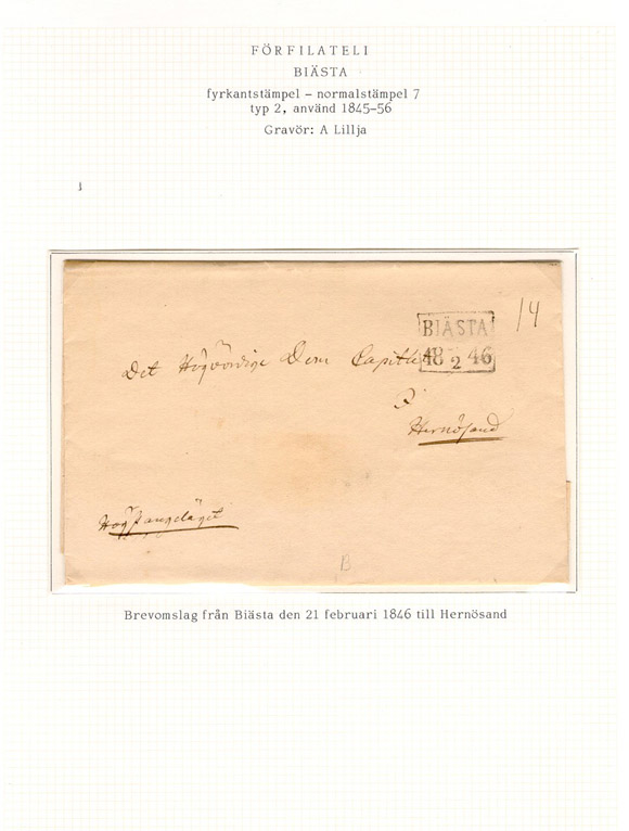 Text: Brevomslag från Biästa den 21 februari 1846 till Hernösand

Albumblad innehållande 1 monterat förfilatelistiskt brev

Stämpeltyp: Normalstämpel 7  typ 2