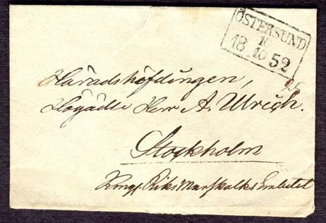 Albumblad innehållande 1 monterat förfilatelistiskt brev

Text: Brevomslag från Östersund den 10 oktober 1852 till Stockholm

Stämpeltyp: Normalstämpel 7  typ 1