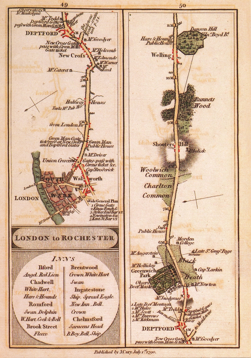 Del av karta från 1790, med postkontor.