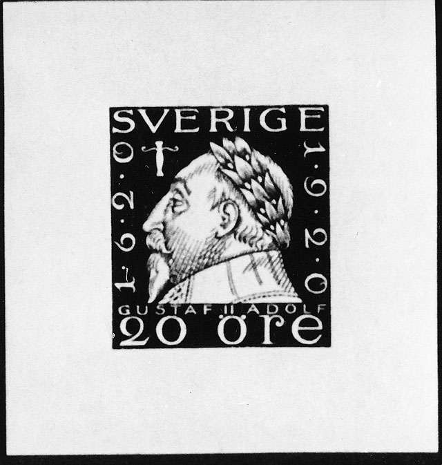 Frimärksförlaga till frimärket Gustaf II Adolf, utgivet 1920. Valör 20 öre.