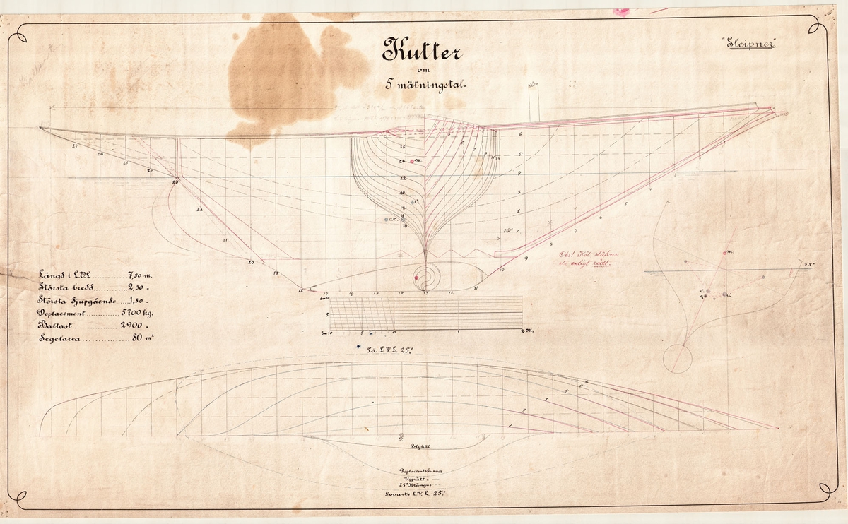 Sleipner, utlottningsbåt 1893.
Spantruta och linjeritning