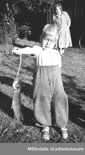 Alf Garthman håller upp en gädda. Sommar i Stannum (Olstorp, Gråbo), 1950-tal.