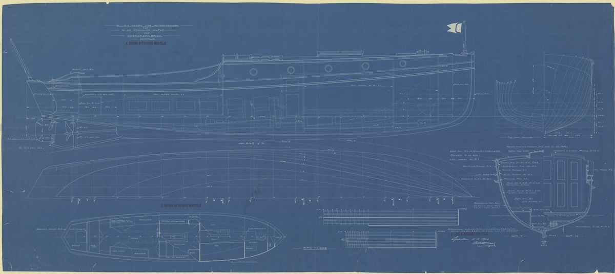 Ritning till motorbåt ritad av C G Pettersson för ingenjör Erik Bruhn Norrtälje. Skiss, Spantruta, linje- och inredningsritning i plan, profil och sektion