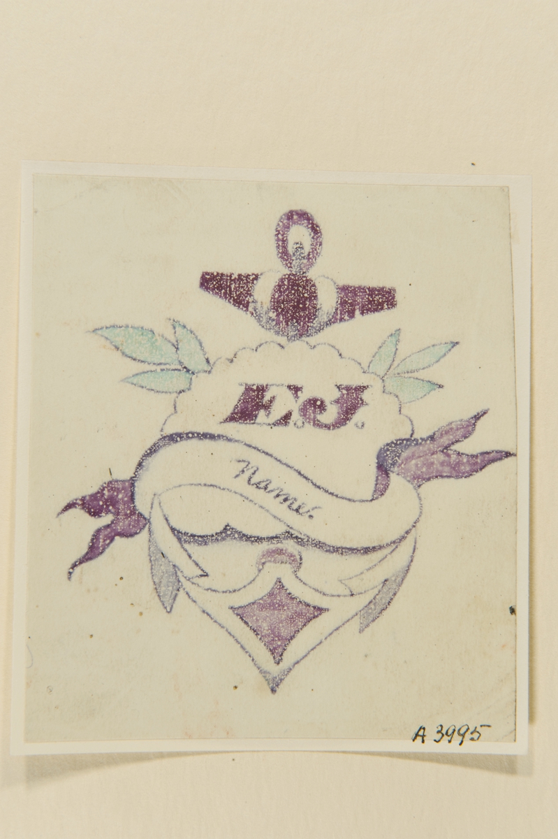 Tatueringsförlaga. En banderoll med påskriften "Name" framför ett moln med initialerna "E.J." på ett ankare.