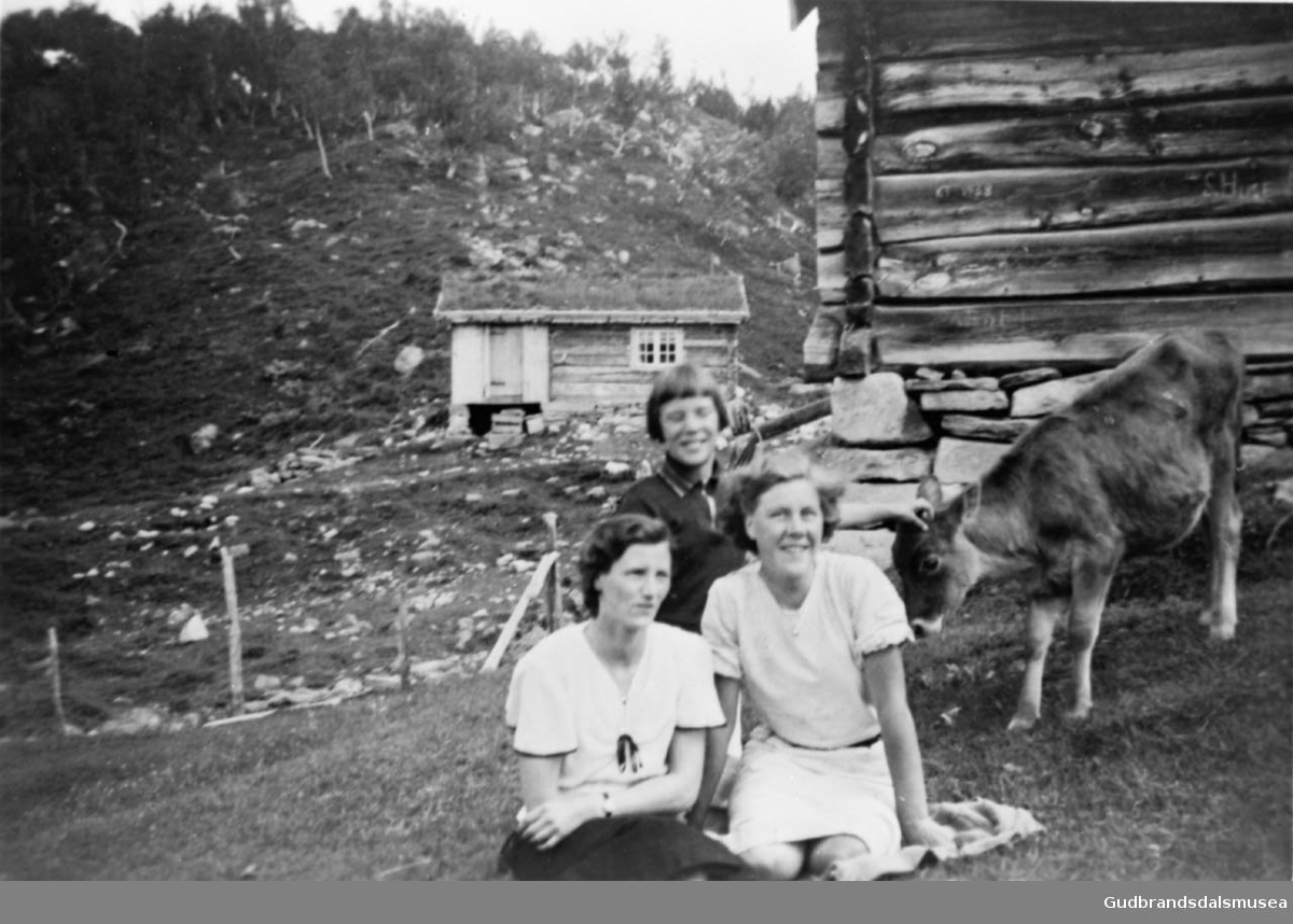 Tre kvinner utenfor Sy-Kvamsetra, Grøndalen, en sommerdag.