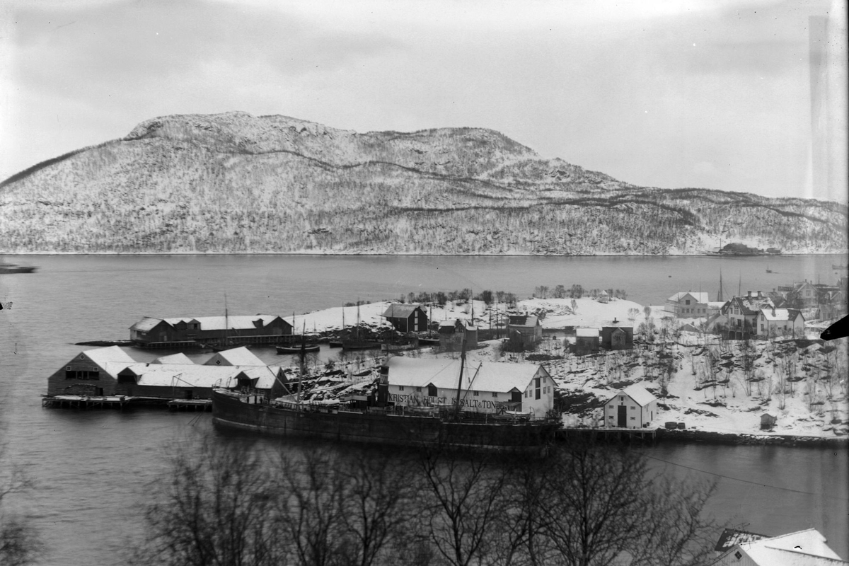 Kristian Holsts anlegg i Samasjøen. Et stort dampskip ligger ved kaien.