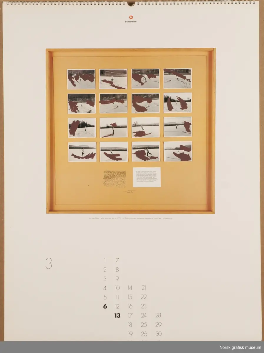 Kalender fra papirprodusenten Zanders for året 1988. Svært høy papir- og trykkvalitet.
Firmanavnet Scheufelen er også påtrykt kalenderen.
