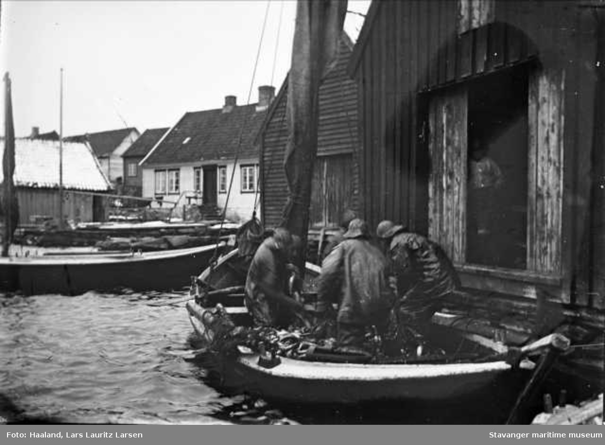 Båt med sildelast losses inn i Lars Ydstebøs sjøhus på Ydstebø, Kvitsøy.
