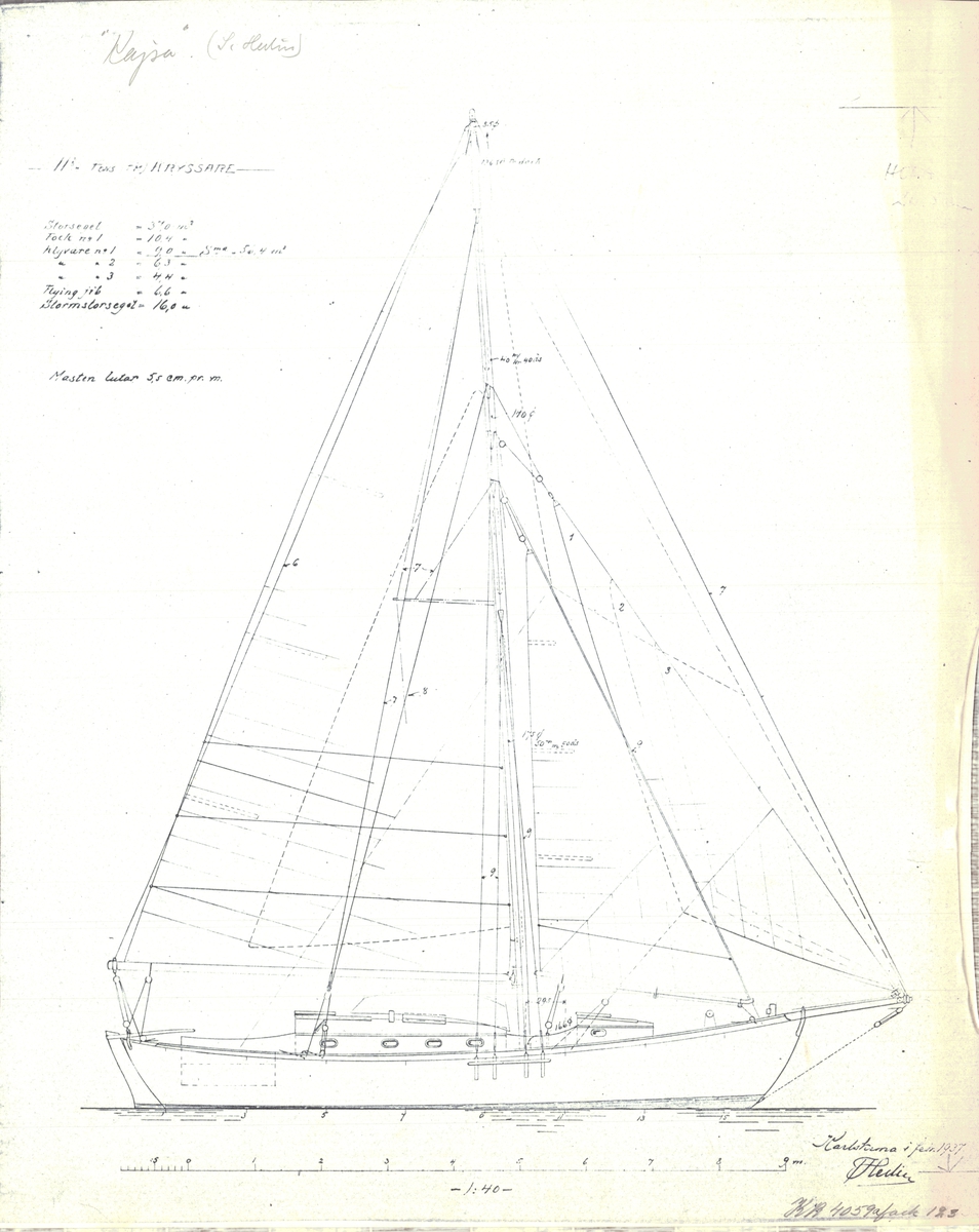 4 ritningar på Kajsa. Plan, Profil och spant samt 2 segelritningar