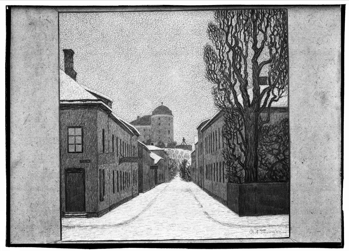 Konstverk - grafiskt blad med motiv från Uppsala, signerat av konstnären Olof Thunman