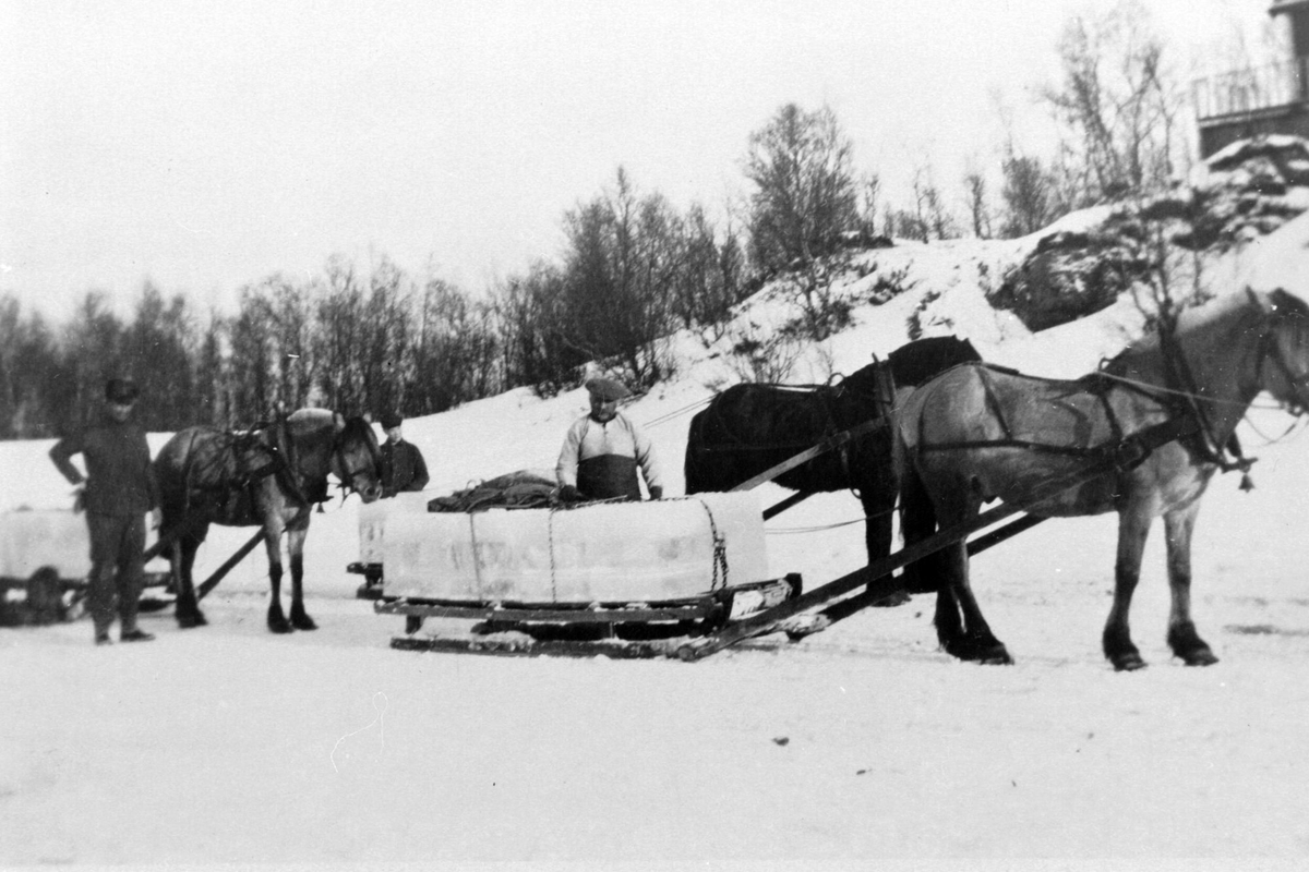 Isblokker kjøres med hest og slede. I midten av bildet, bak sleden, står Karl Johansen.