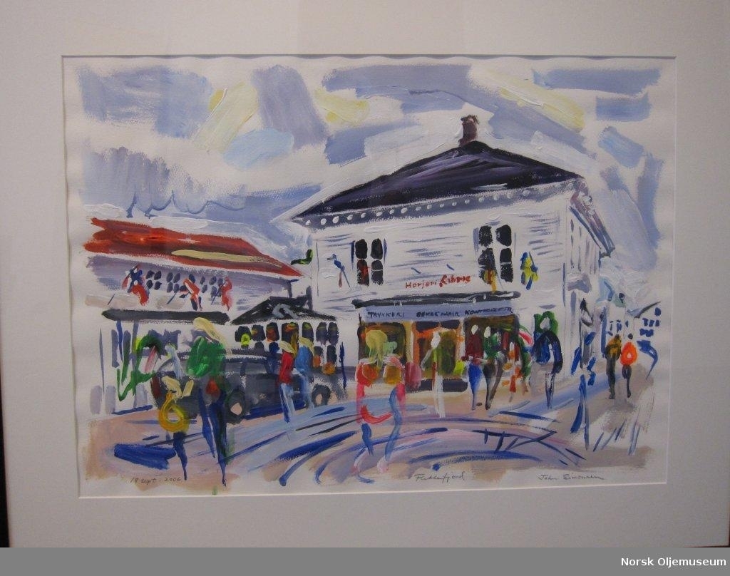 Kunstverk av John Simonsen som var planlagt at skulle utsmykke den nye prosess- og boligplattformen på Valhallfeltet. Maleriet viser et bylandskap med mennesker hvor blått er en sentral farge.