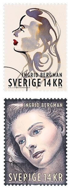 Frimärken i häfte, med tio frimärken i två motiv av skådespelerskan Ingrid Bergman. 
Valör 14 kr.