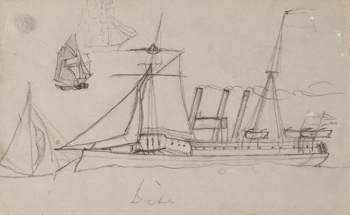 Framsida: kanonbåten Disa och tre st seglare.