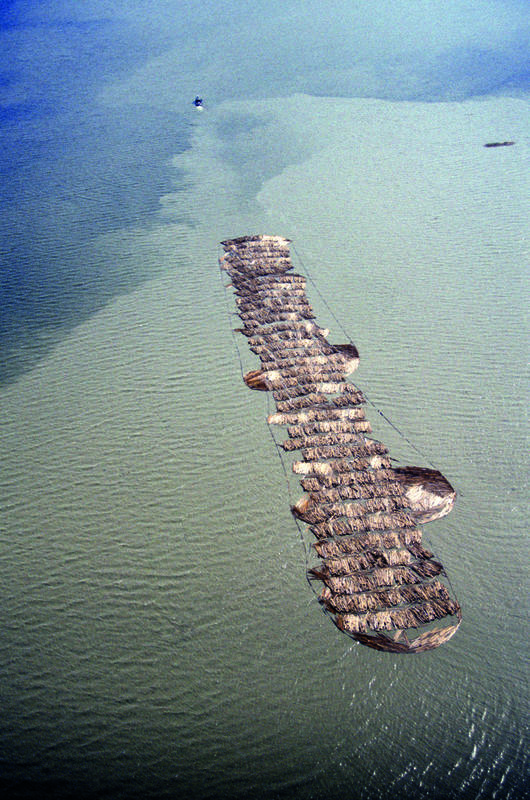 Flyfoto av båt med tømmerslep.