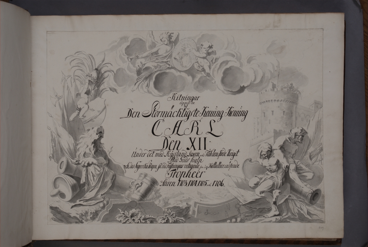 Inledning och register till bokverk med avbildningar föreställande eldrör tagna som troféer av den svenska armén åren 1703-1706, utförda av syskonen Anna Maria och Philip Jakob Thelott.
