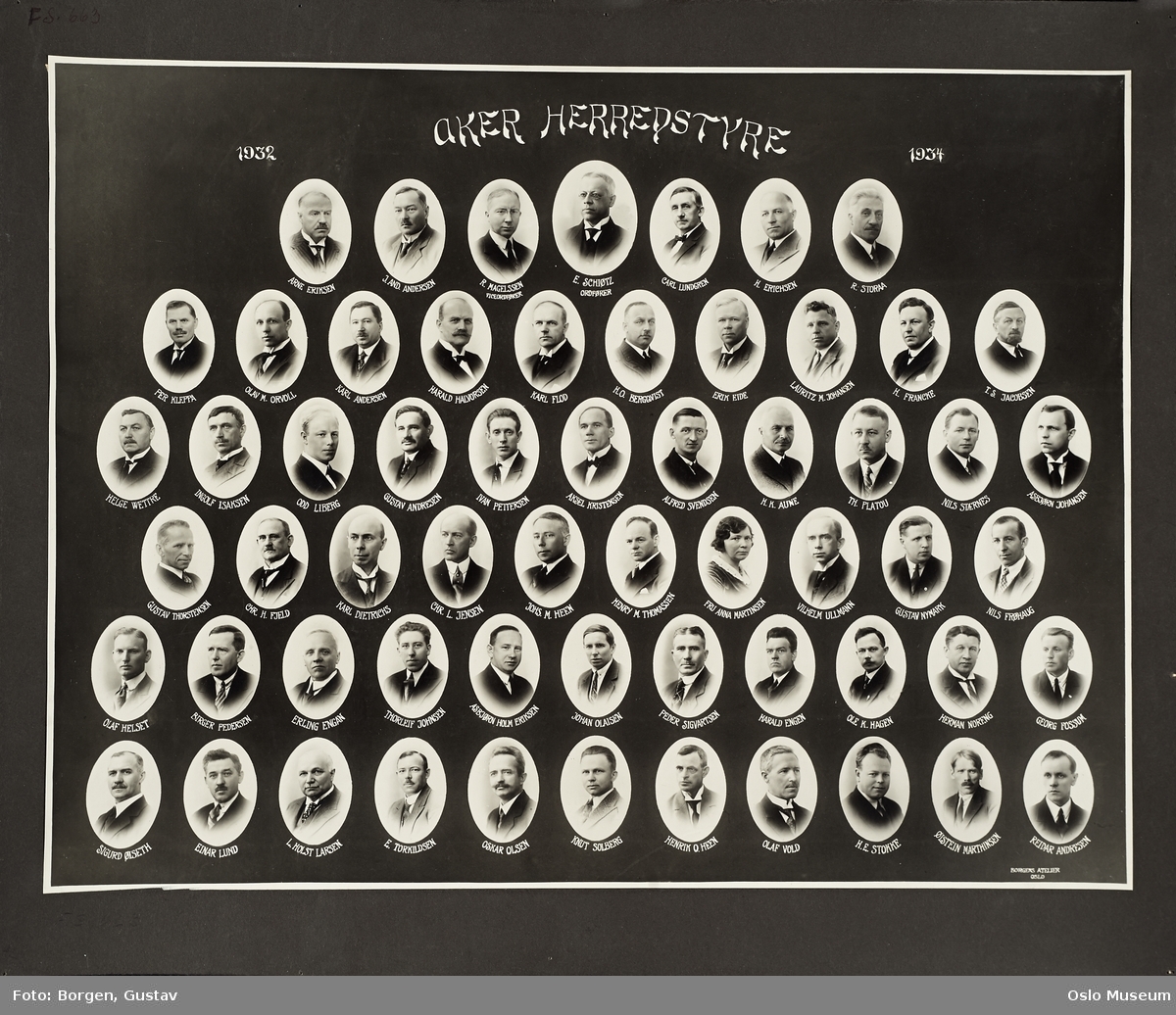 montasje: Aker herredsstyre 1932-1934, portretter, kommunestyrerepresentanter