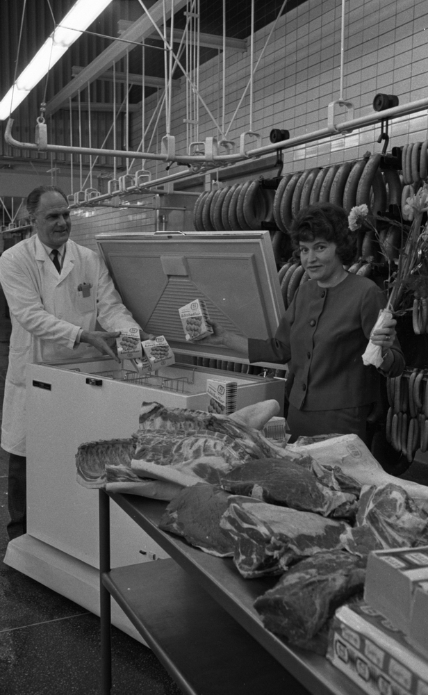 Orubricerat 18 februari 1966

En man och en kvinna står vid en frysbox i en charkuterifabrik. Mannen håller i tre paket med påskriften "Köttbullar" samt märket "S." Han är klädd i vit rock. Inunder denna skymtar skjorta och slips. Kvinnan håller i sin högra hand ett sådant köttbullspaket. Hon är klädd i blus och kjol. I den vänstra handen håller hon en blombukett. I förgrunden syns ett bord fyllt med fläskkött och leverpastej med bokstaven "S" på förpackningen. Bakom dem hänger korvar i olika storlekar.