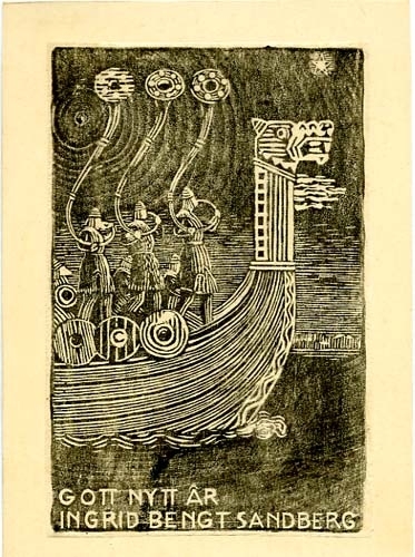 Tre män i fören av ett vikingaskepp blåser i horn, ovan texten: "GOTT NYTT ÅR INGRID BENGT SANDBERG"