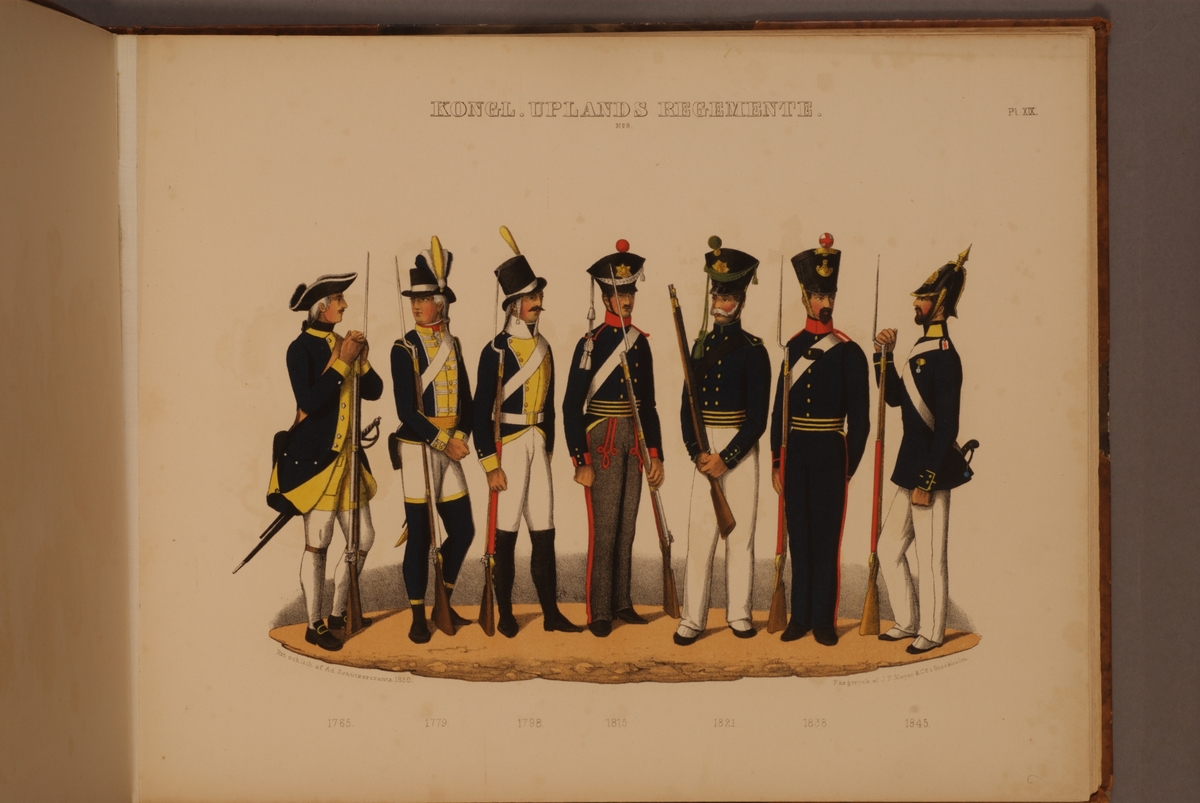 Plansch med uniform för Upplands regemente för åren 1765-1845. Plansch i färgtryck efter original av Adolf Ulrik Schützercrantz. Ingår i planschsamlingen Svenska krigsmaktens fordna och närvarande munderingar.
