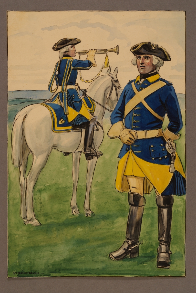Plansch med uniform för trumpetare och underofficer vid Västgöta kavalleriregemente 1748, ritad av Einar von Strokirch.