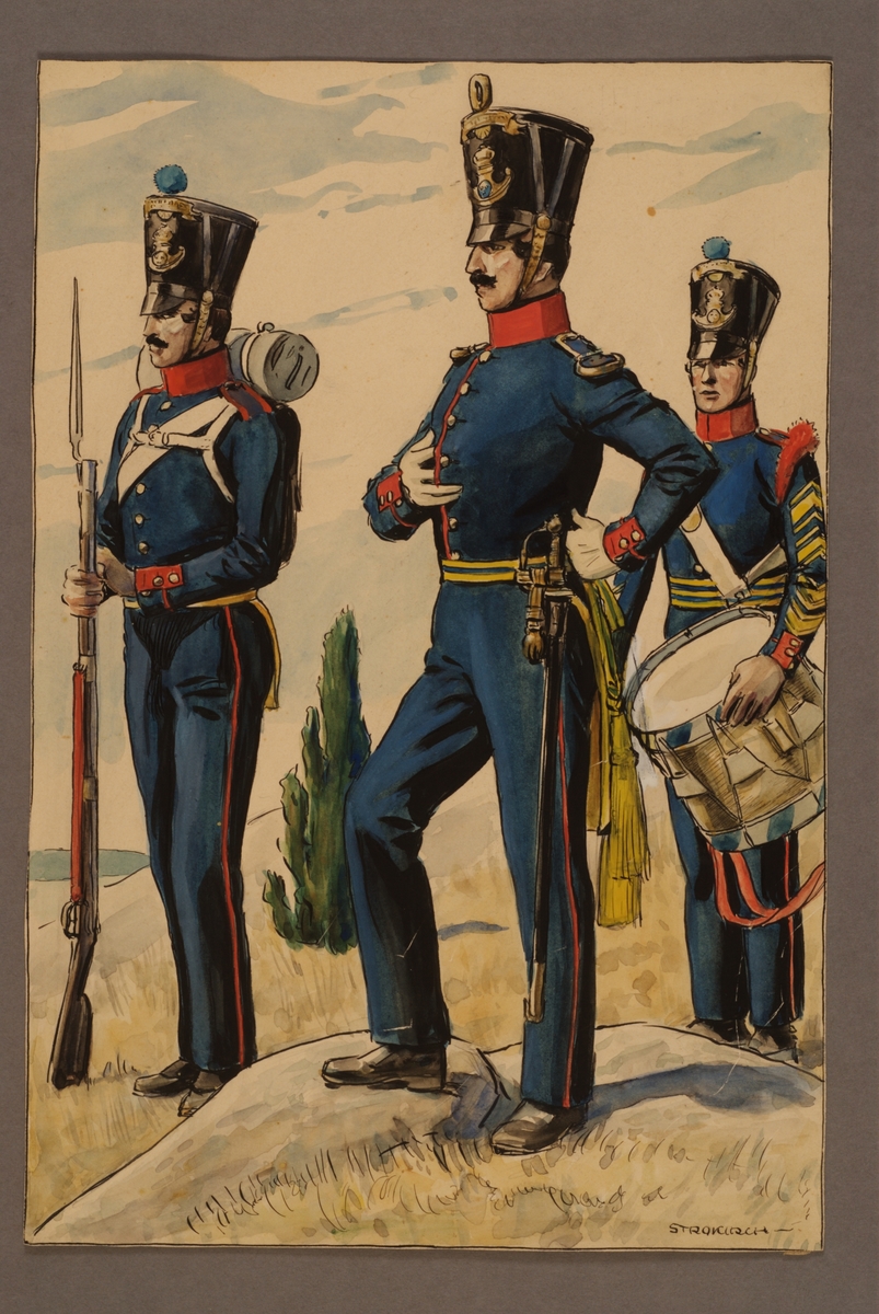 Plansch med uniform för officer och soldat vid Västgöta regemente 1838, ritad av Einar von Strokirch.